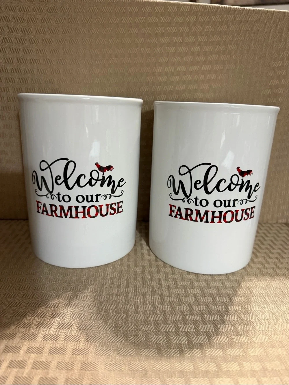 Welcome to Our Farmhouse Ceramic Utensil Crock - White with Red Accent- set of 2